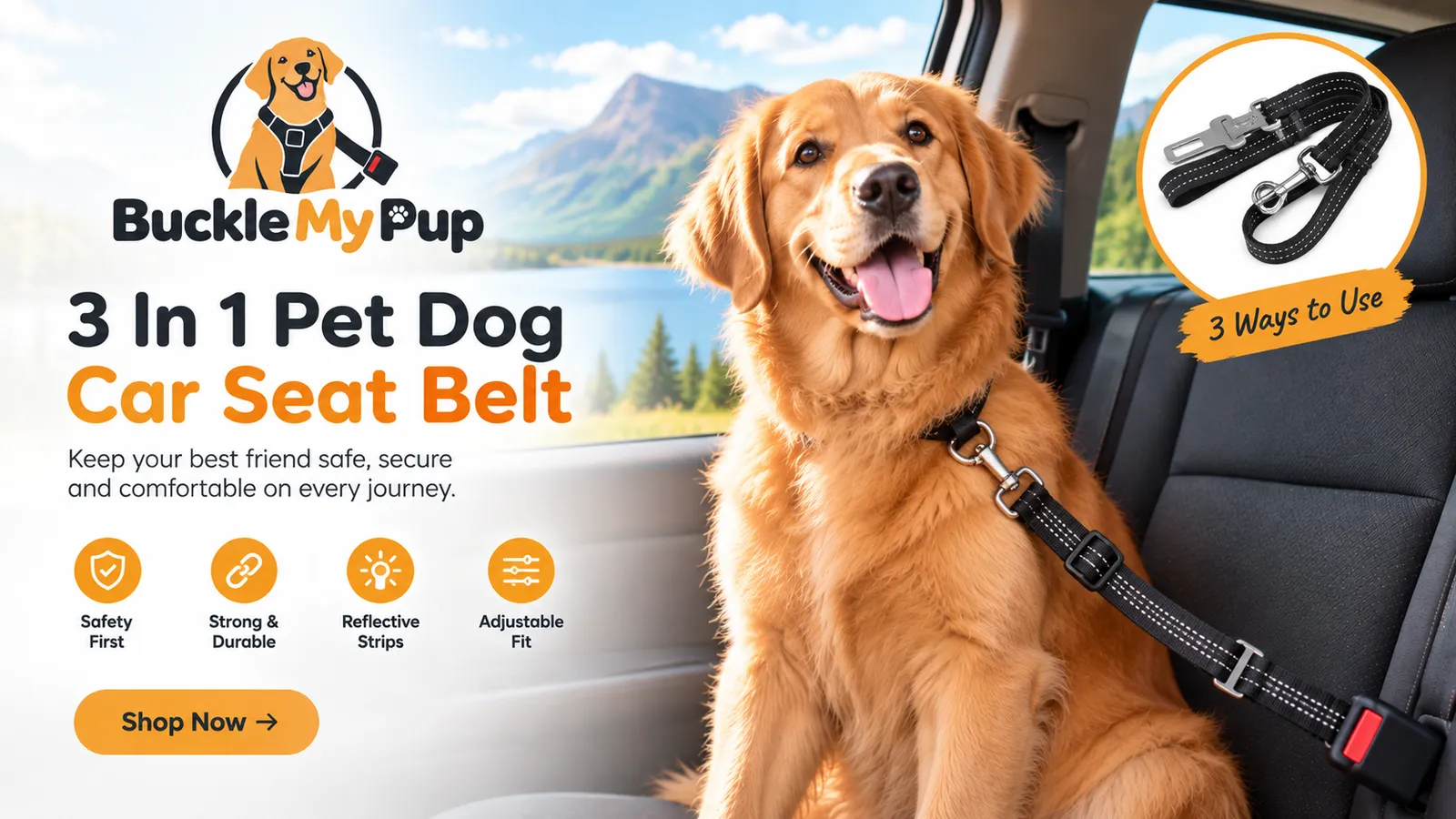 A golden retriever sitting safely in the back seat of a car, secured with the Buckle My Pup 3-in-1 seat belt
